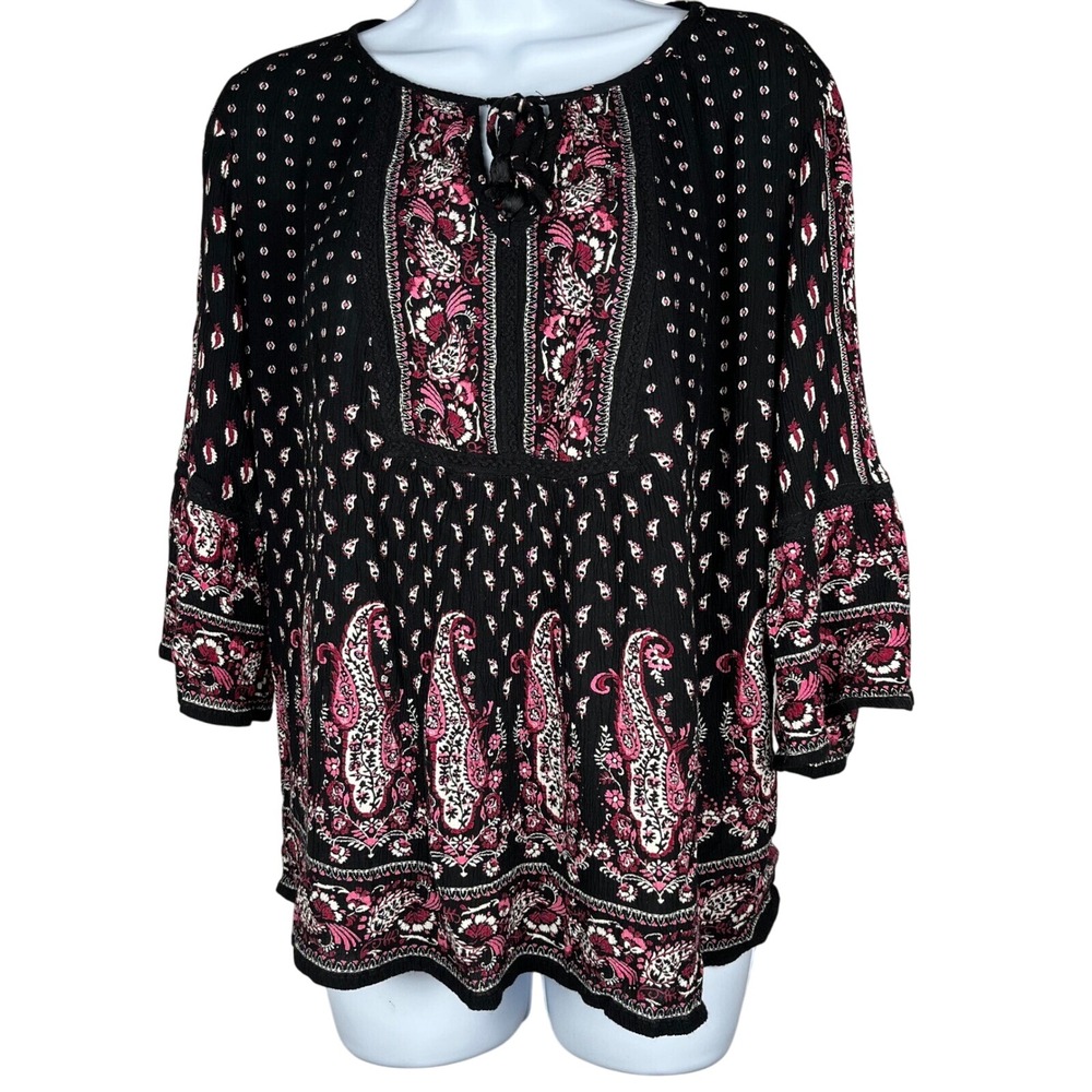 Bila Paisley Print Blouse Tie Neck 3/4‎ Sleeve Bohemian Top Size M